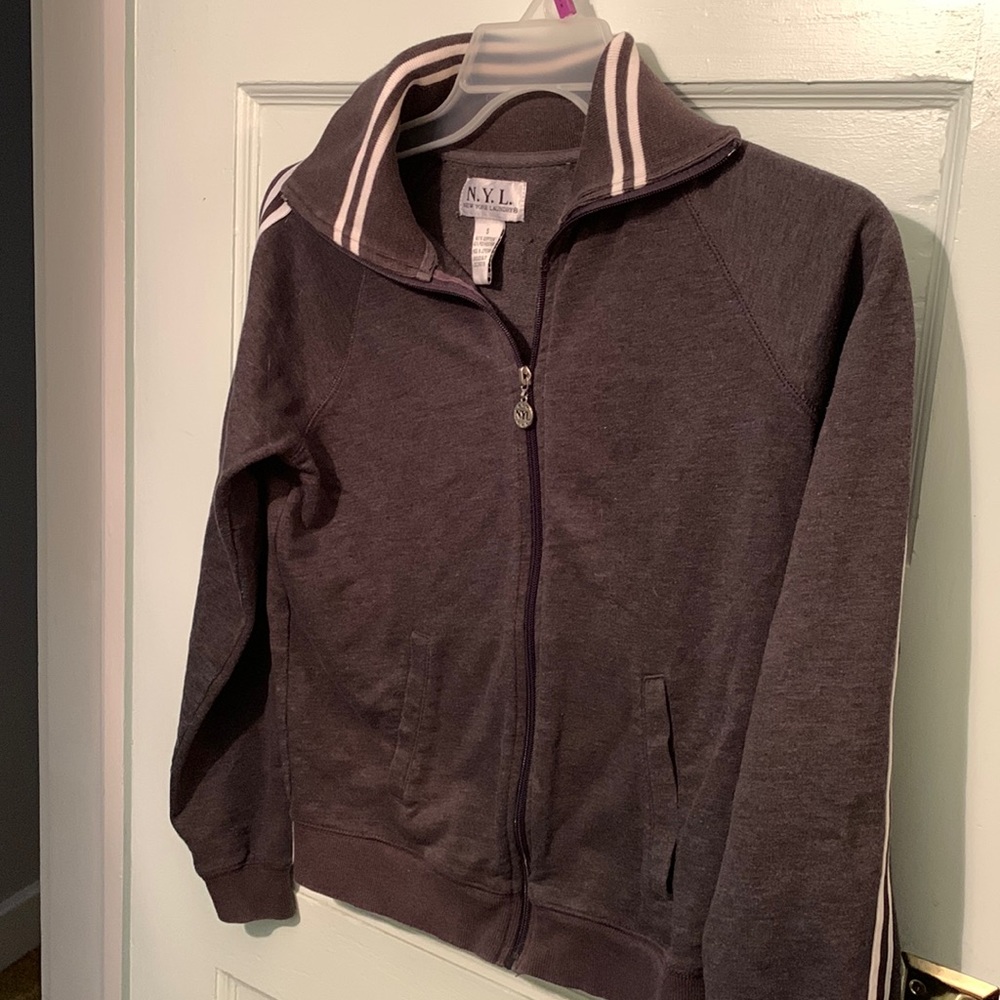 N.Y.L. Grey with white stripes cotton/polyester zip up jacket.